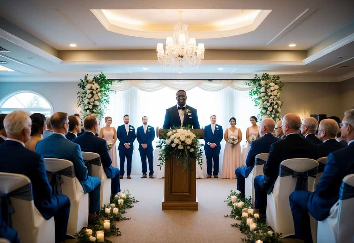 A figure standing at the front of a decorated wedding venue, addressing the gathered guests with a warm and official welcome
