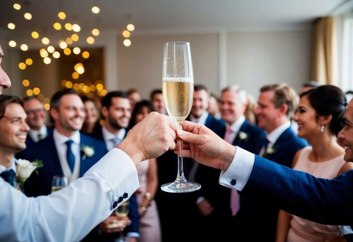 A champagne glass raised in celebration amidst a gathering of well-dressed guests