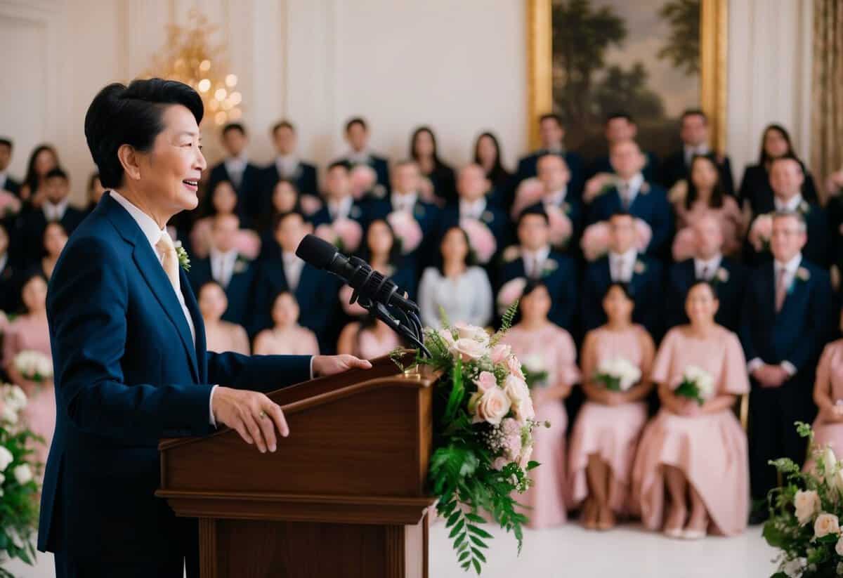 A person stands at a podium, addressing a crowd. A microphone and flowers are on the podium. The setting is elegant and festive