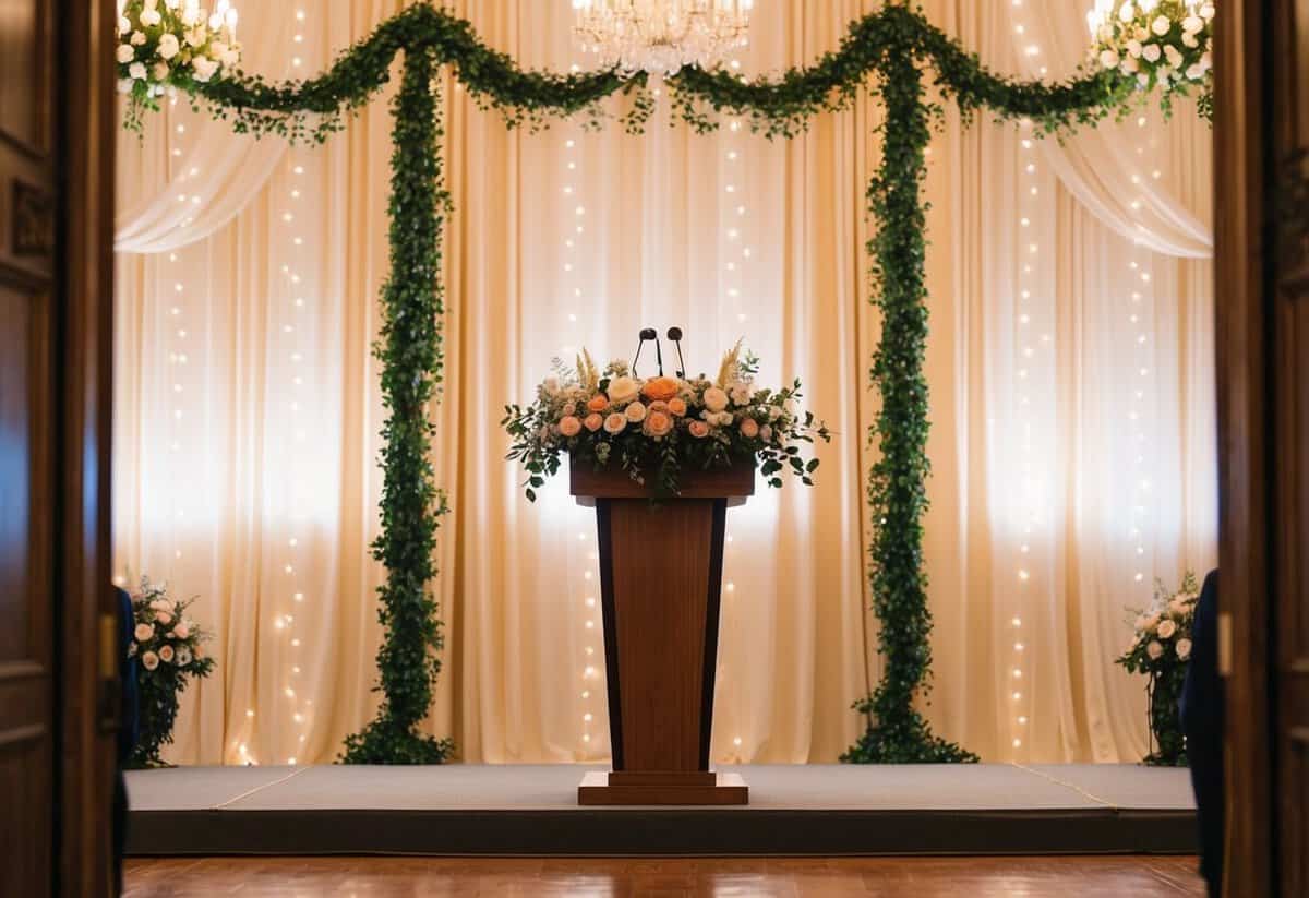 A podium adorned with flowers stands at the center of a grand hall, framed by elegant drapery and twinkling lights