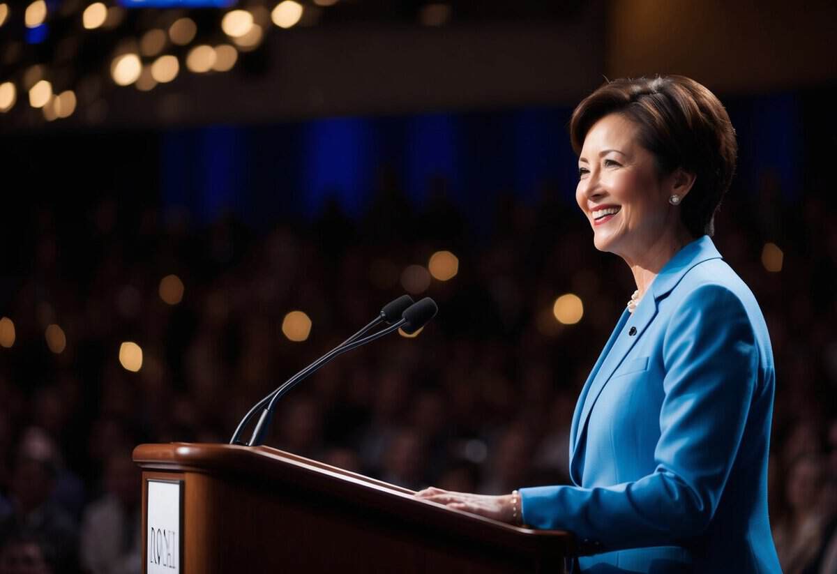 A person standing at a podium, smiling and making eye contact with the audience as they begin to speak