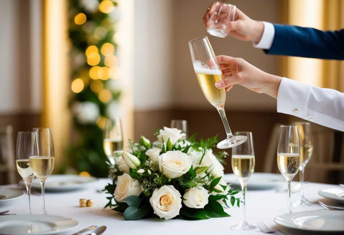 A champagne glass raised in a celebratory gesture, surrounded by a bouquet and elegant table setting