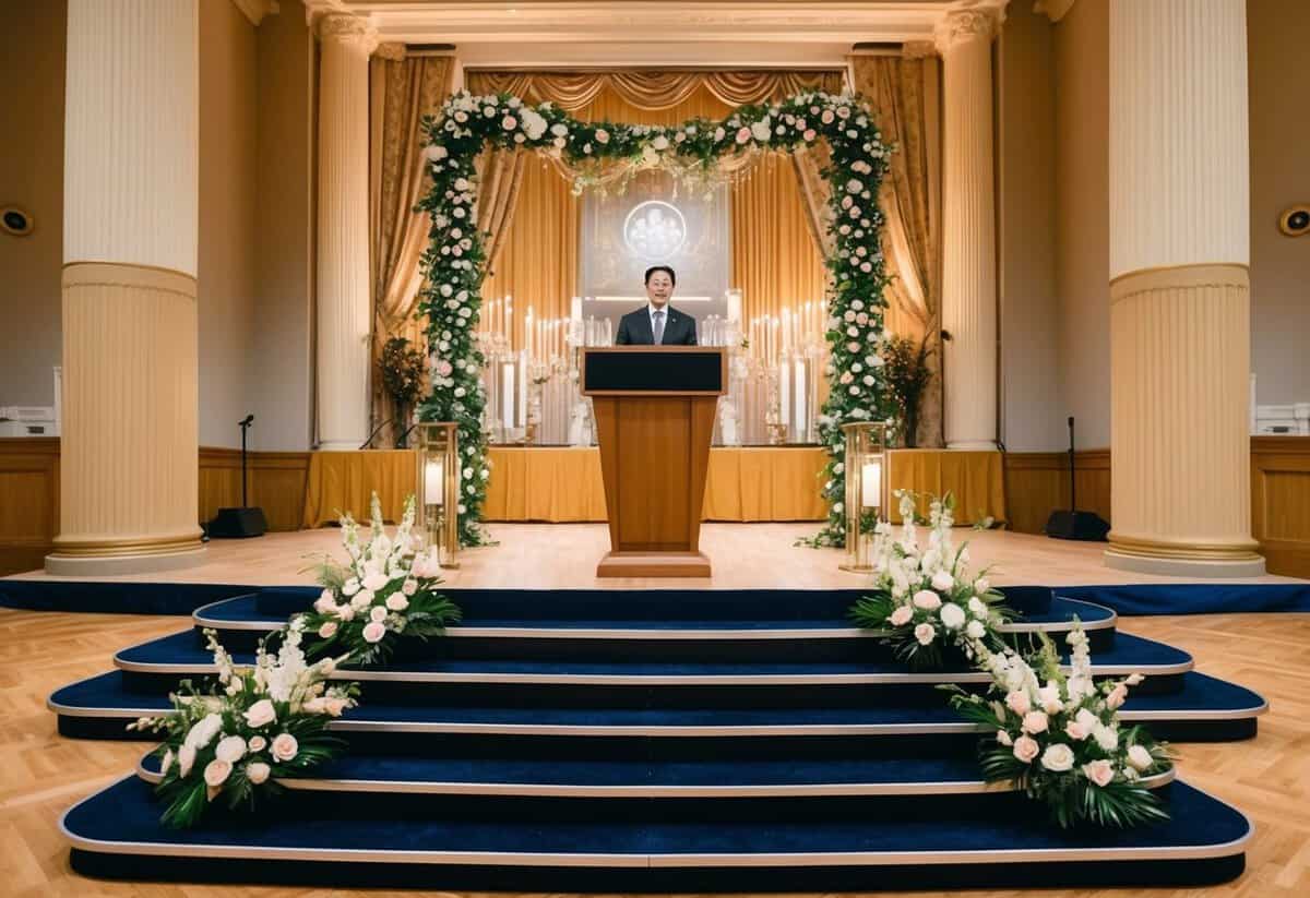 A grand hall with a decorated stage and a podium at the center, adorned with flowers and elegant decor