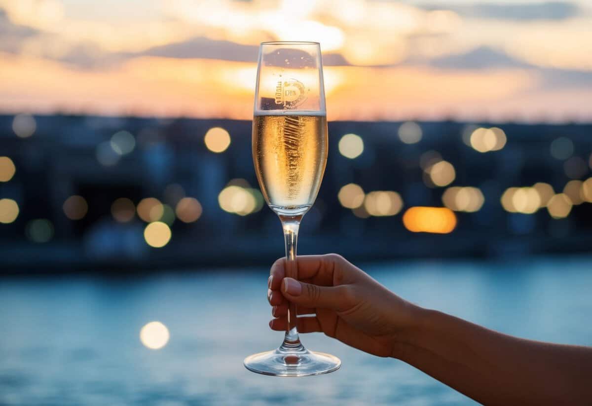 A champagne glass raised in a celebratory gesture