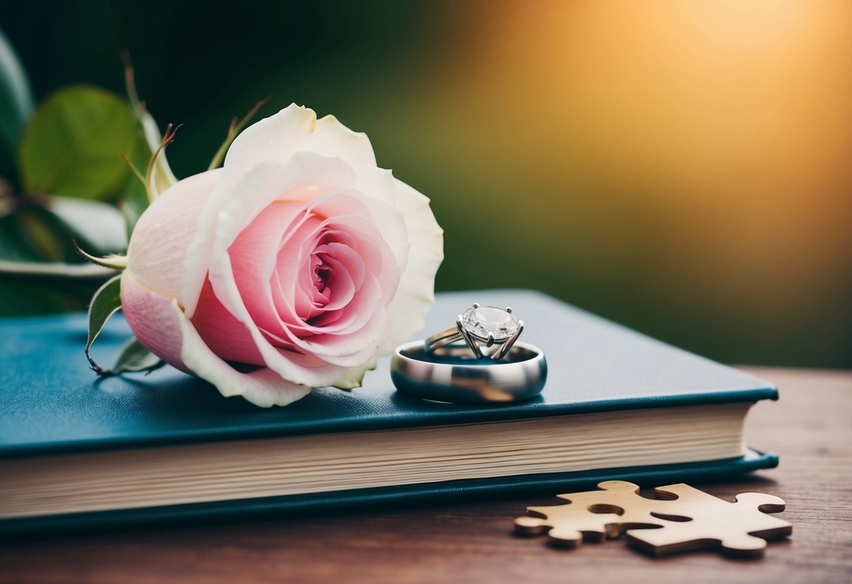A wedding ring placed on a book, a blooming rose, and two interlocking puzzle pieces