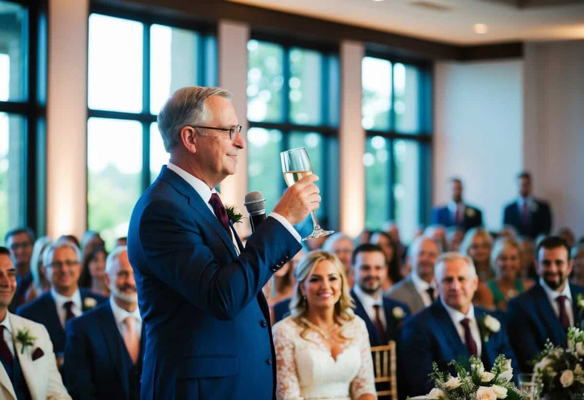 A father stands at a microphone, raising a glass in a room filled with wedding guests