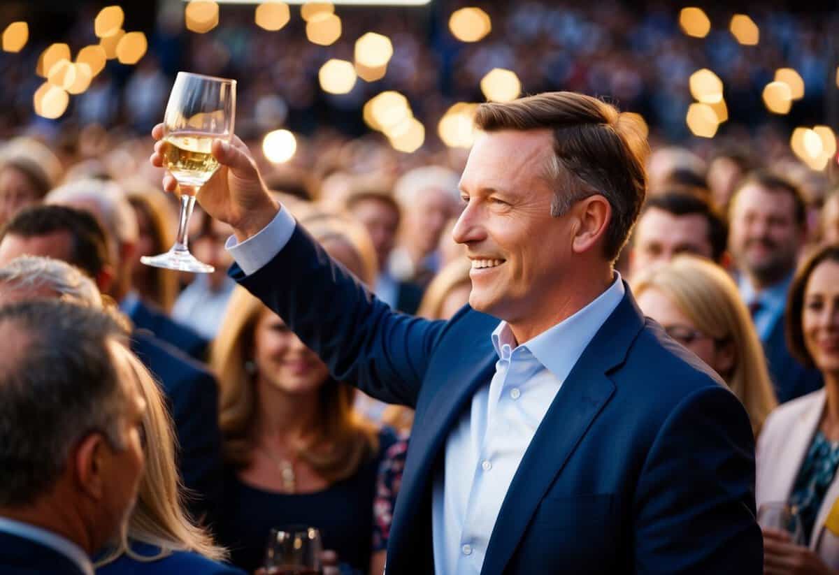 A man raises a glass amidst a crowd, smiling and speaking