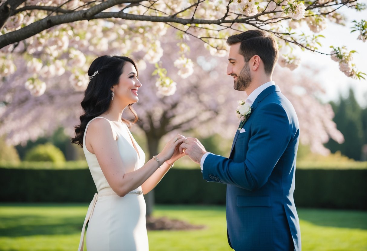 A couple standing under a blooming tree, exchanging rings, holding hands, and looking into each other's eyes with a sense of commitment and love