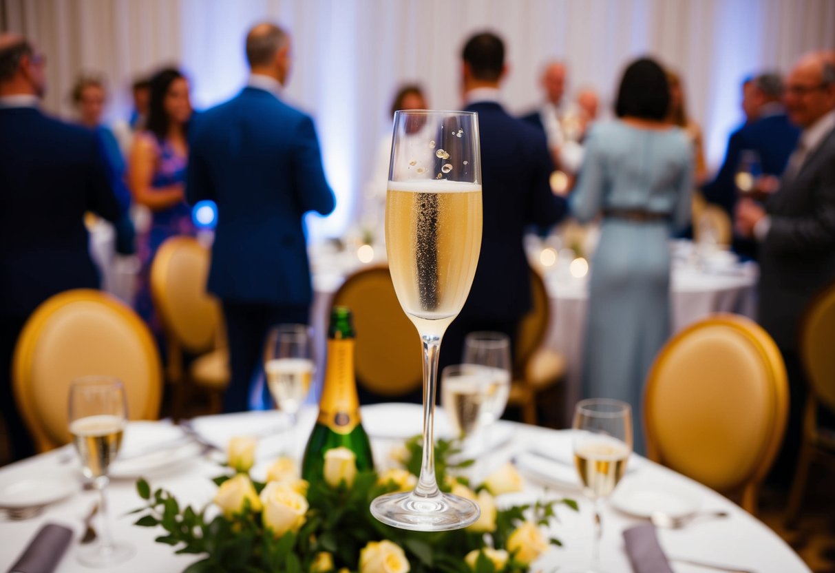 A champagne glass raised in celebration amidst a gathering of elegantly decorated tables and chairs