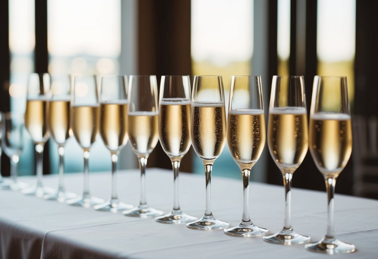 A line of glasses filled with champagne, arranged in order of the toasts