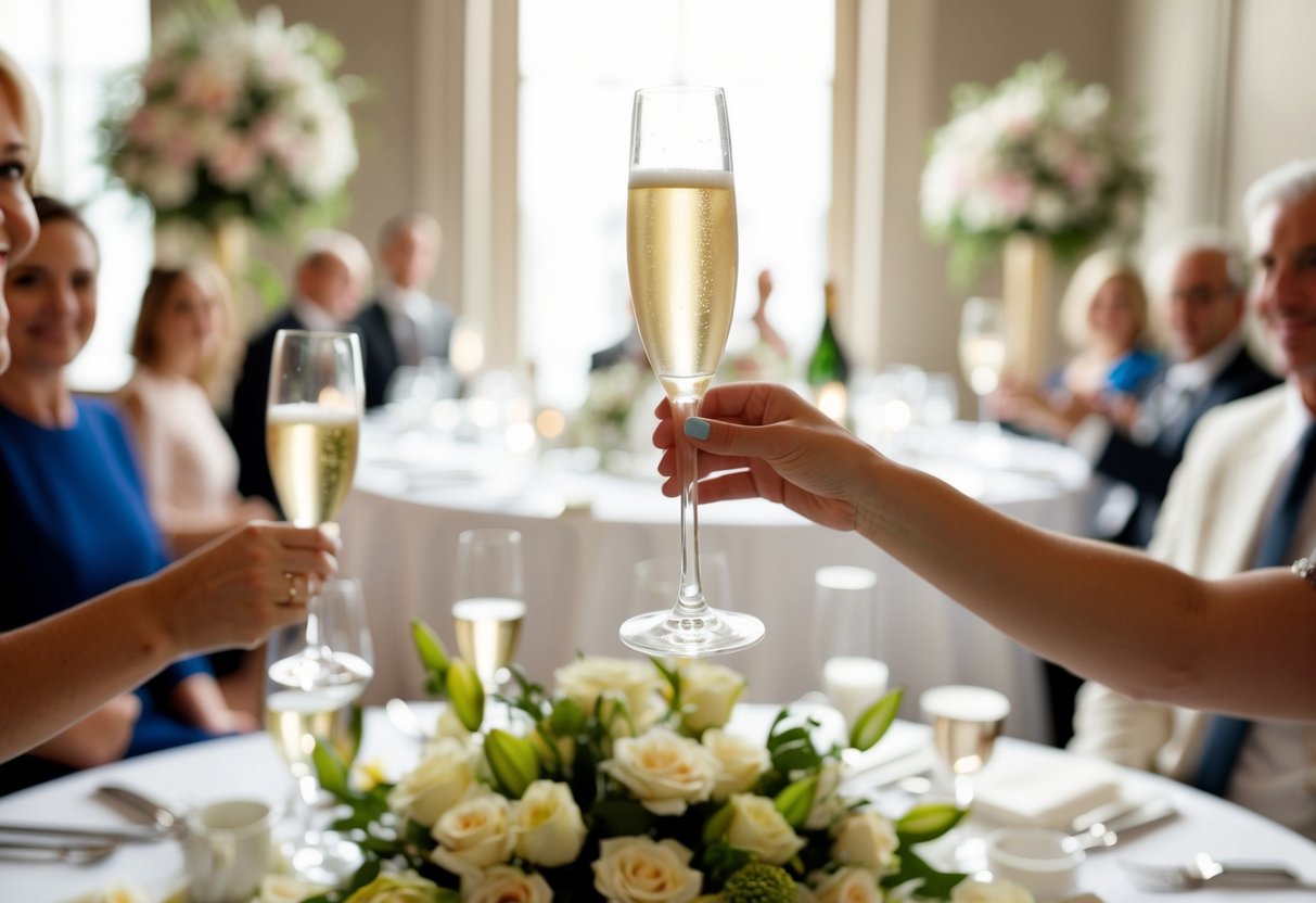 A champagne glass raised in a celebratory gesture, surrounded by elegant table settings and floral arrangements
