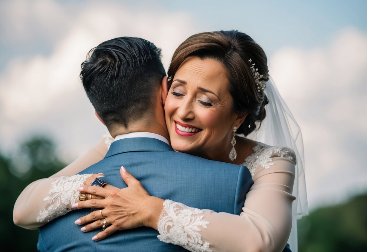 A mother embraces her son, smiling with tears in her eyes as she whispers words of love and wisdom on his wedding day
