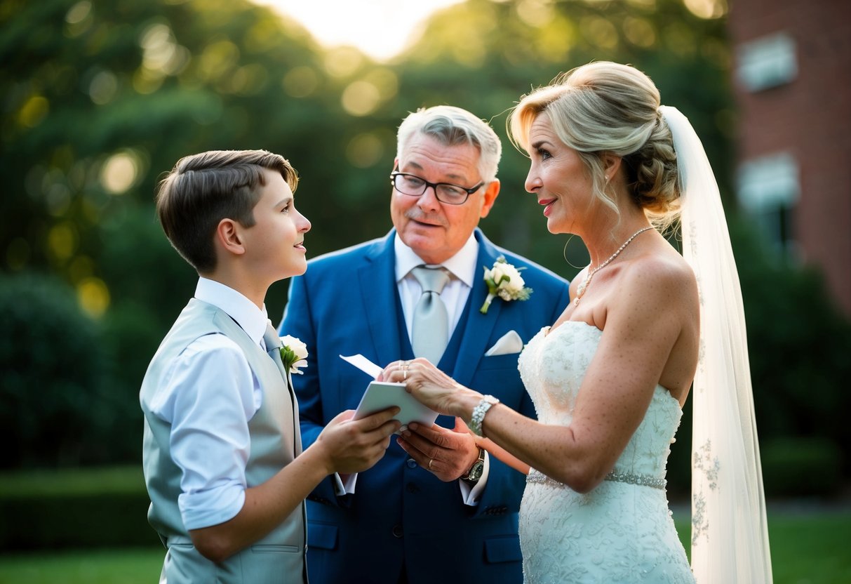 A mother stands with her son, offering words of love and wisdom on his wedding day