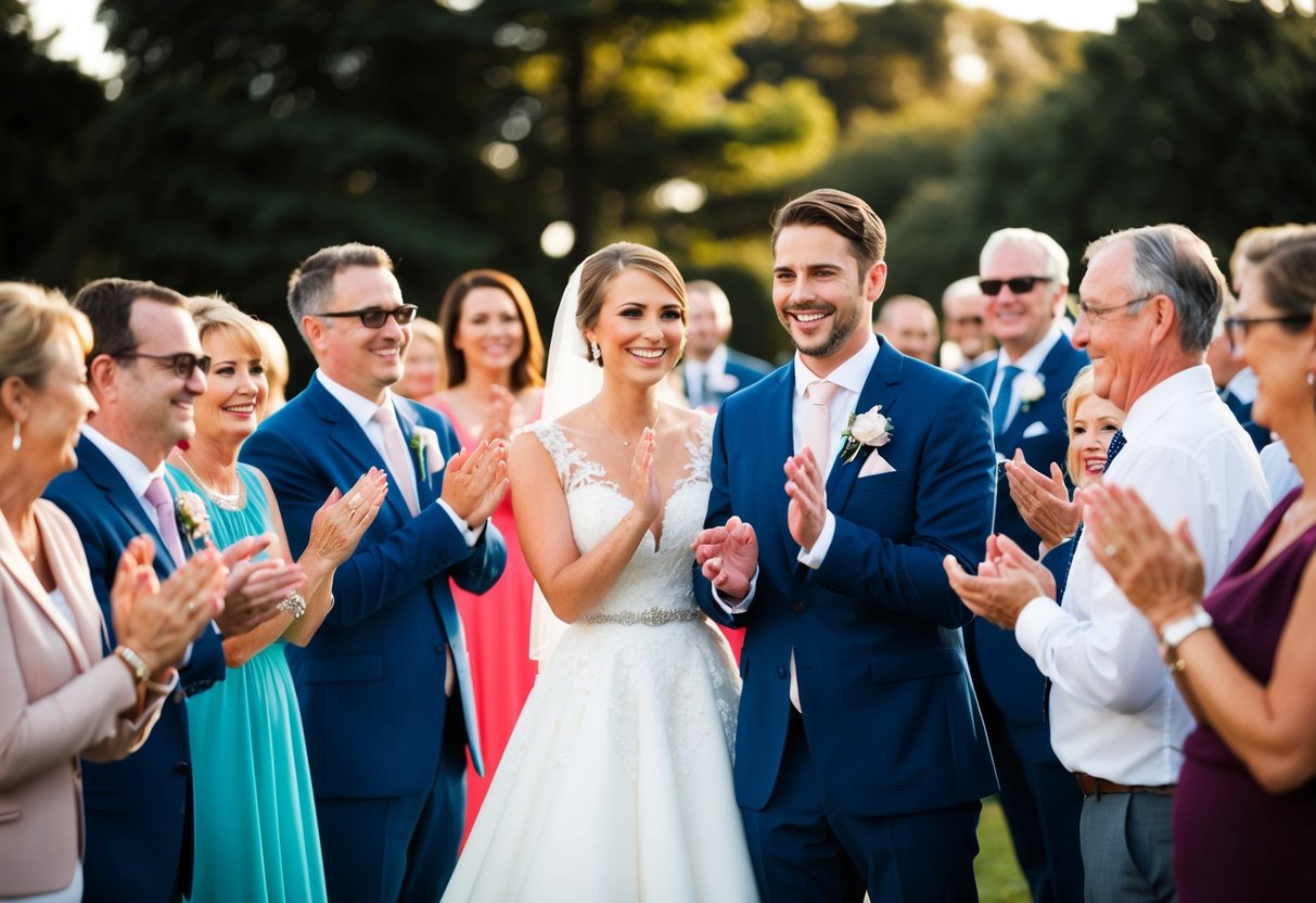 A group of guests clapping and smiling, a bride and groom standing in front of them, looking happy and emotional