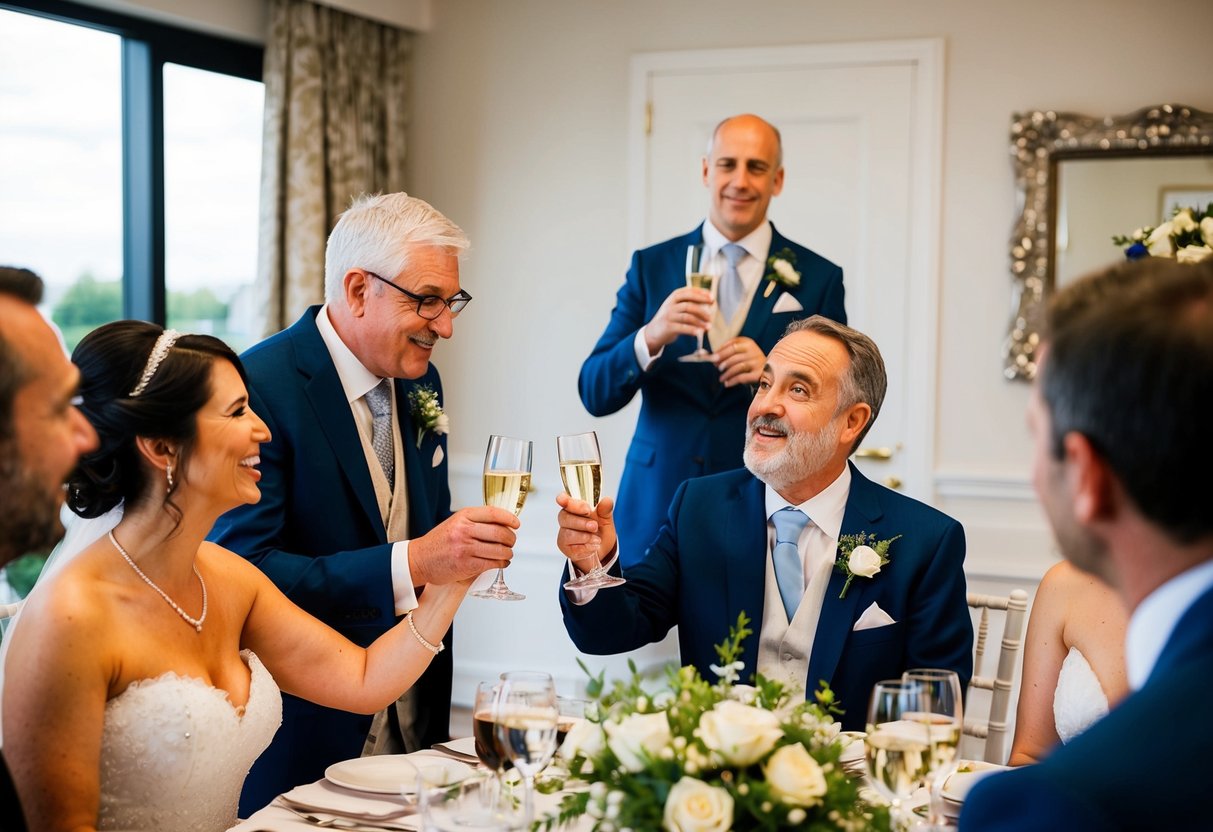 A parent raises a toast to the newlyweds, offering heartfelt words of love and wisdom as they begin their journey together