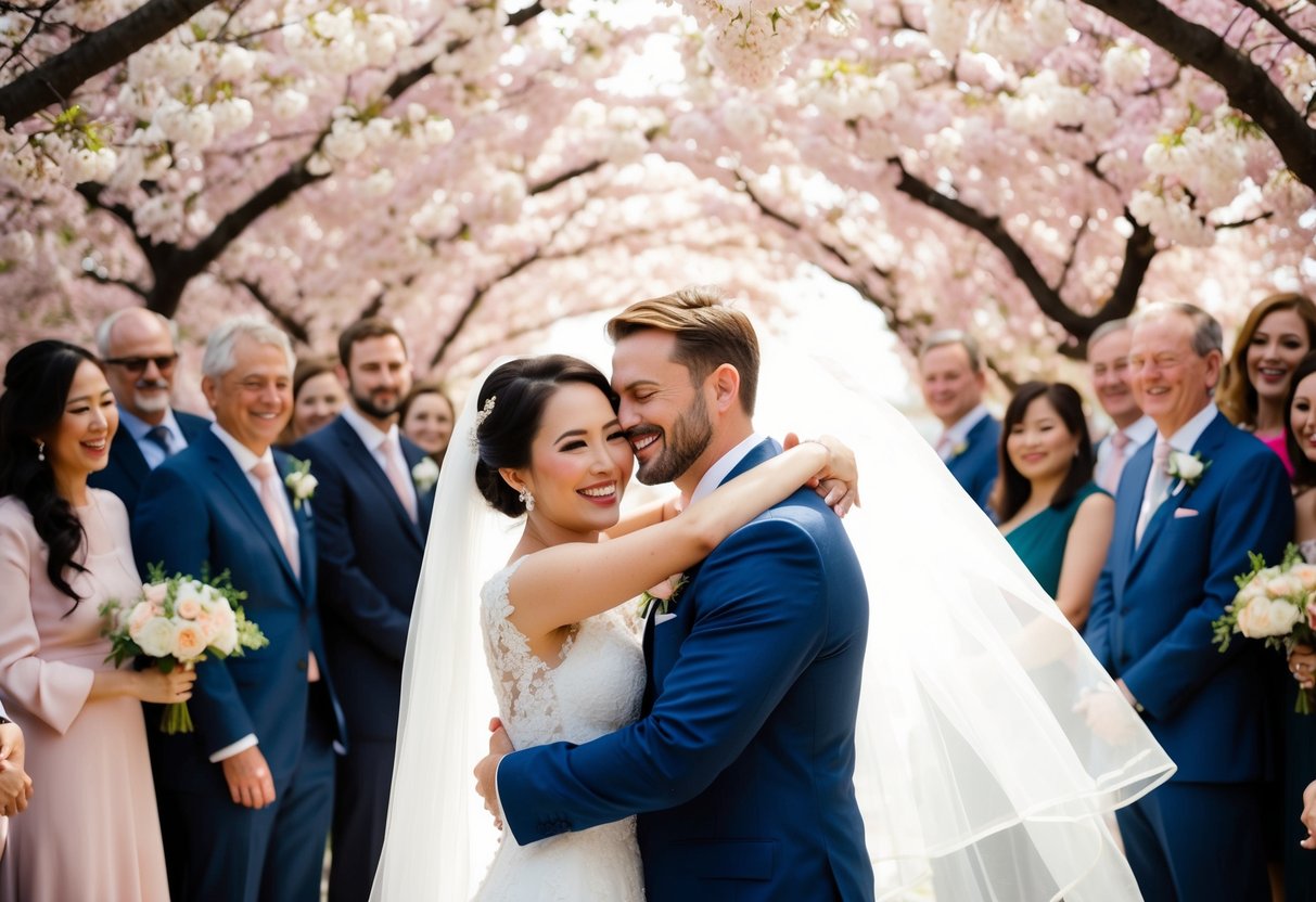 A beaming bride and groom embrace under a canopy of blooming cherry blossoms, surrounded by friends and family, with a sense of love and joy radiating from their faces