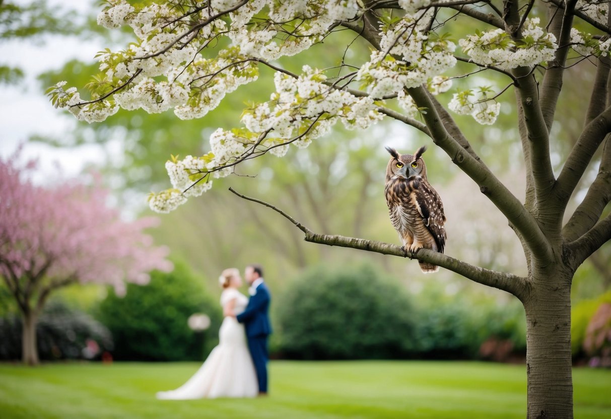 A serene garden with a blooming tree, where a wise owl perches, offering guidance to a young couple on their wedding day