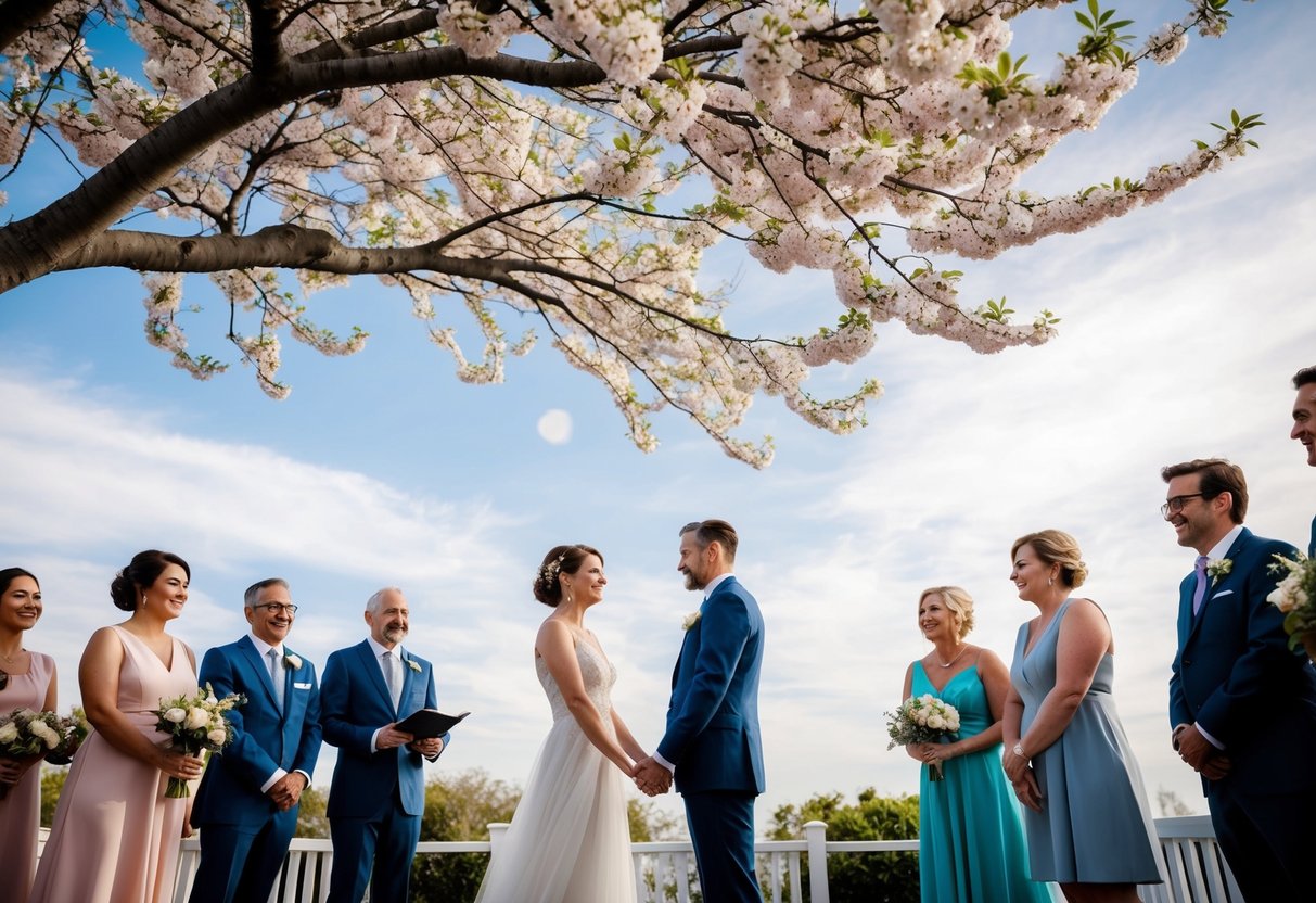 A couple standing beneath a blossoming tree, surrounded by well-wishers and holding hands, as they exchange vows