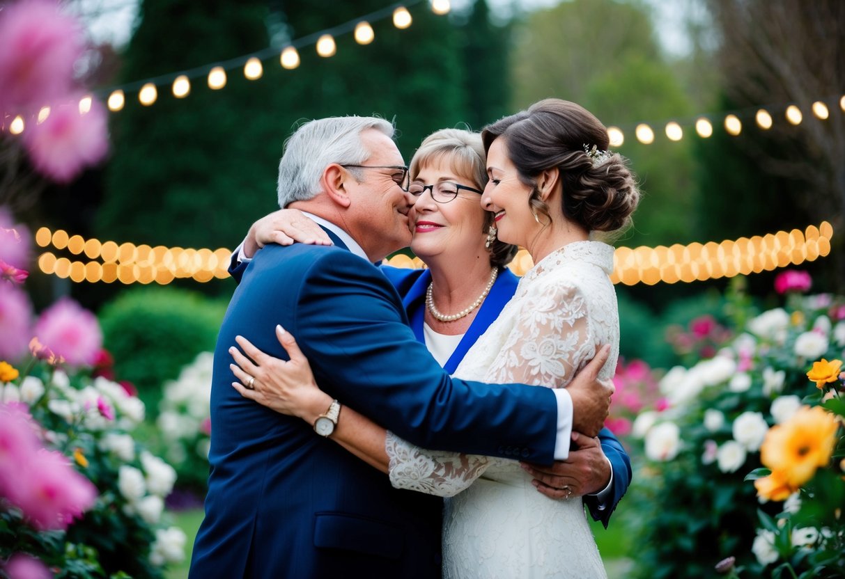 A father and mother-in-law embrace their daughter and son-in-law, surrounded by a garden of blooming flowers and twinkling lights
