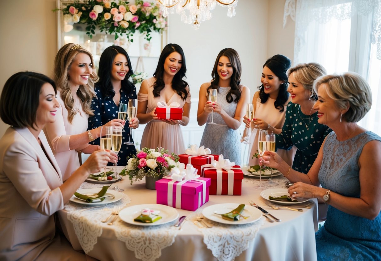 A group of women gather around a table, sipping champagne and opening gifts. Decorations of flowers and lace adorn the room