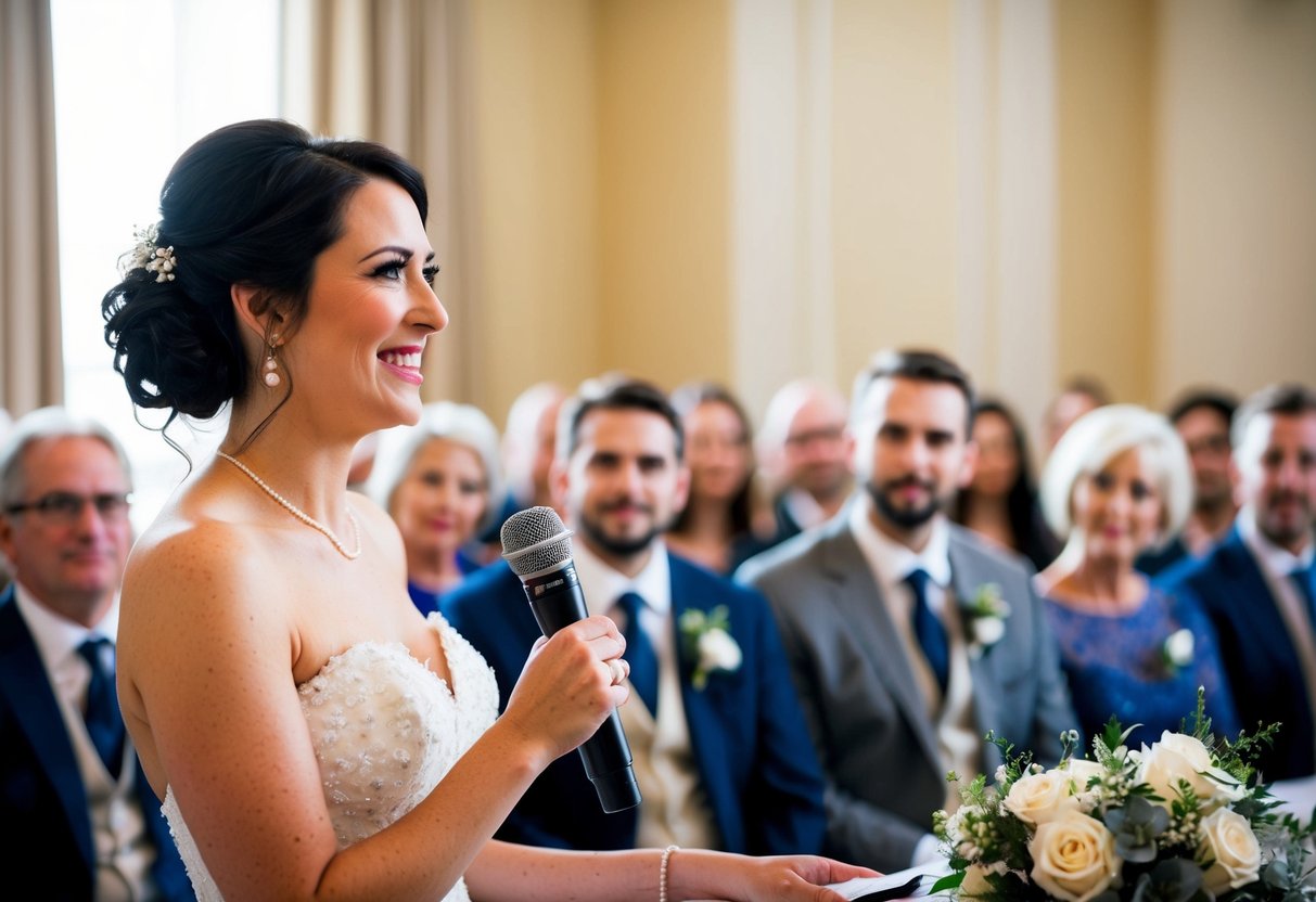 A bride stands at the front of the room, holding a microphone and looking out at her guests with a smile. She takes a deep breath before beginning her speech