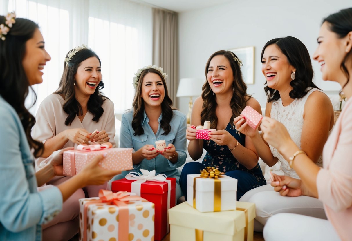 Women laughing and chatting while opening gifts and playing games at a bridal shower