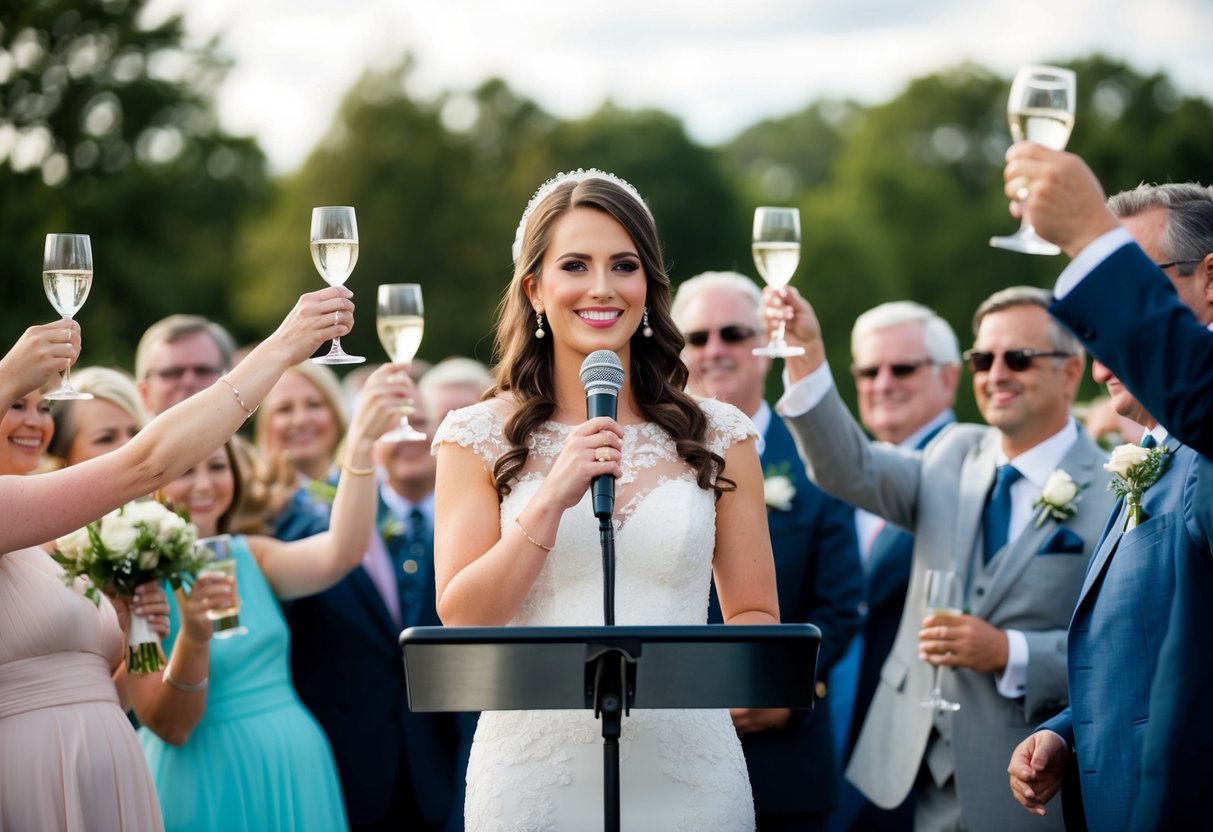 A bride stands at a microphone, surrounded by guests raising their glasses. She holds a glass and smiles, preparing to begin her speech
