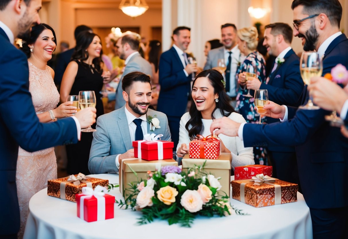 Guests mingle, clinking glasses and laughing. Tables are adorned with flowers and gifts. A couple sits together opening presents, surrounded by friends and family