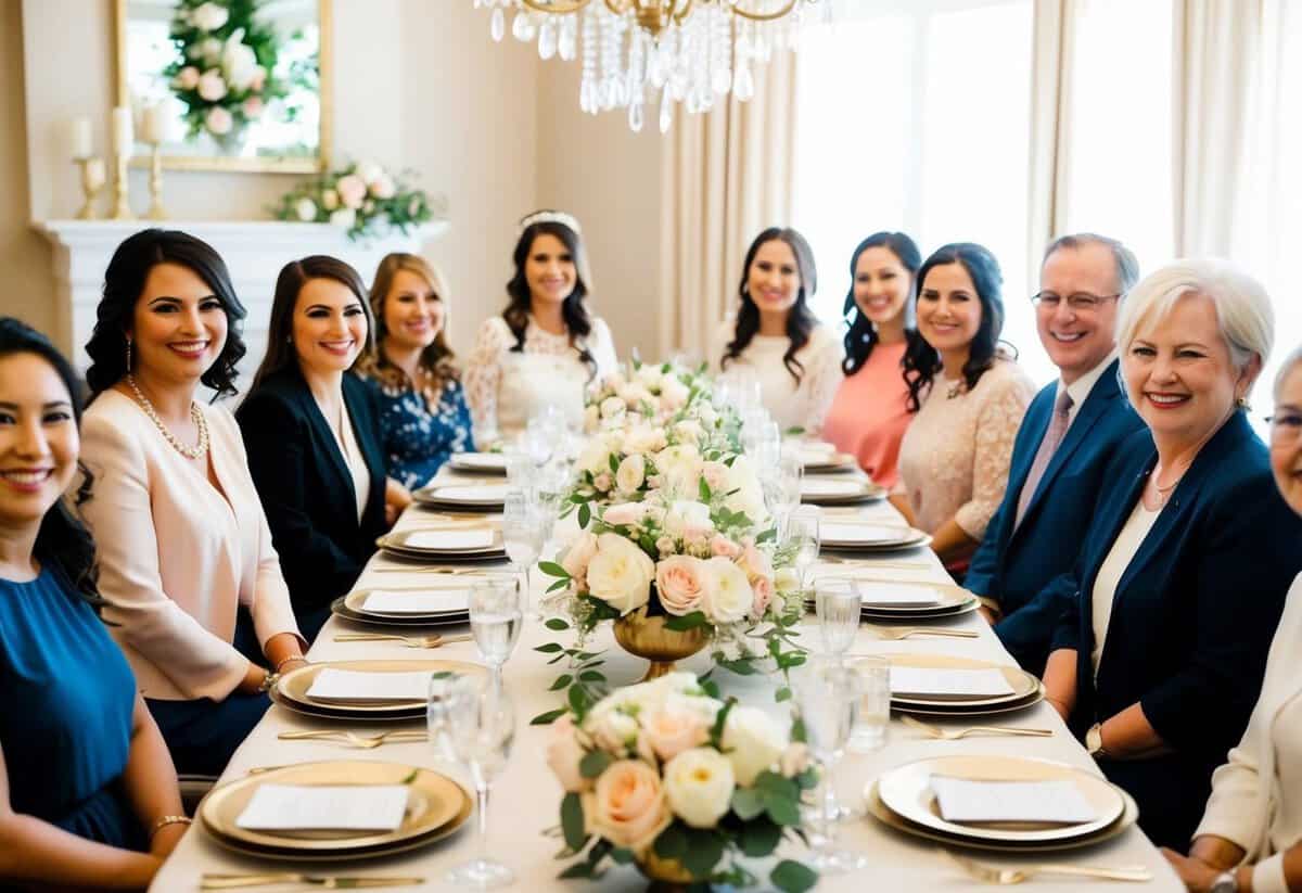 A table set with elegant decor and floral centerpieces, surrounded by smiling guests at a bridal shower
