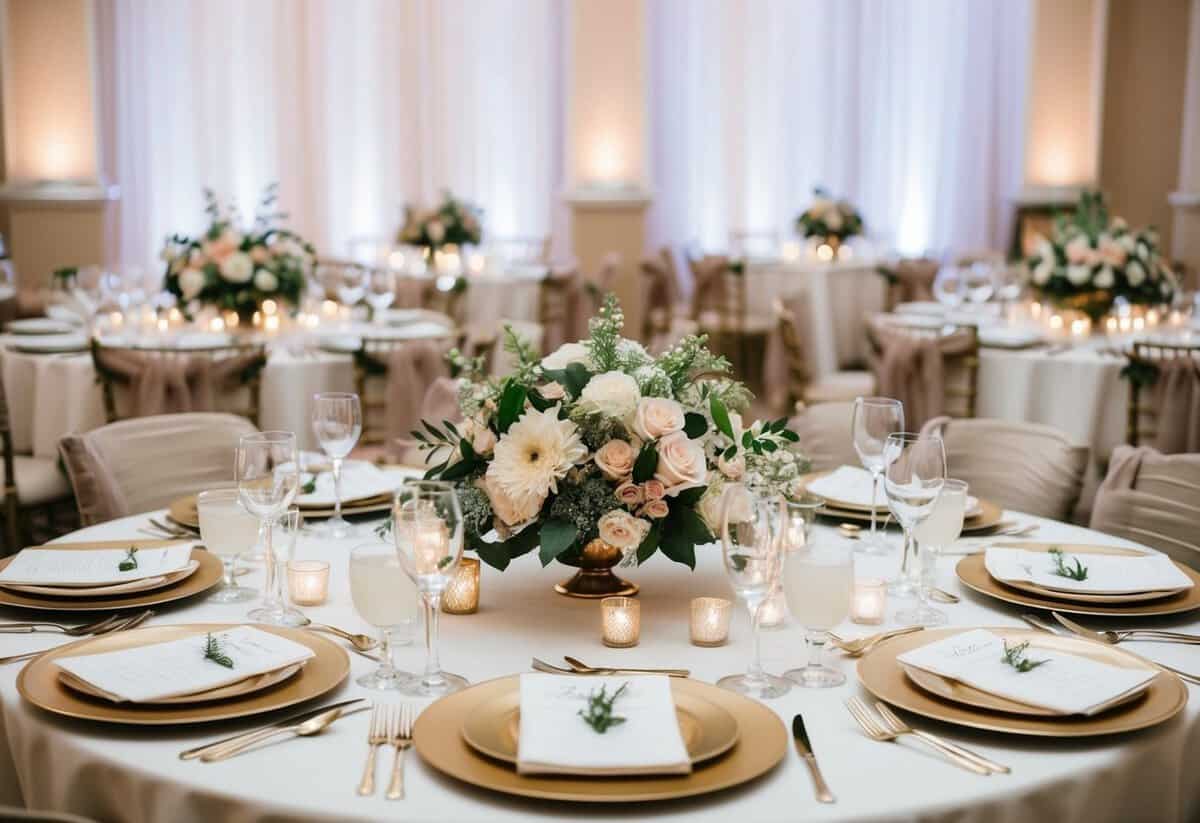 A group of elegantly decorated tables with floral centerpieces and place settings, surrounded by soft lighting and delicate fabrics