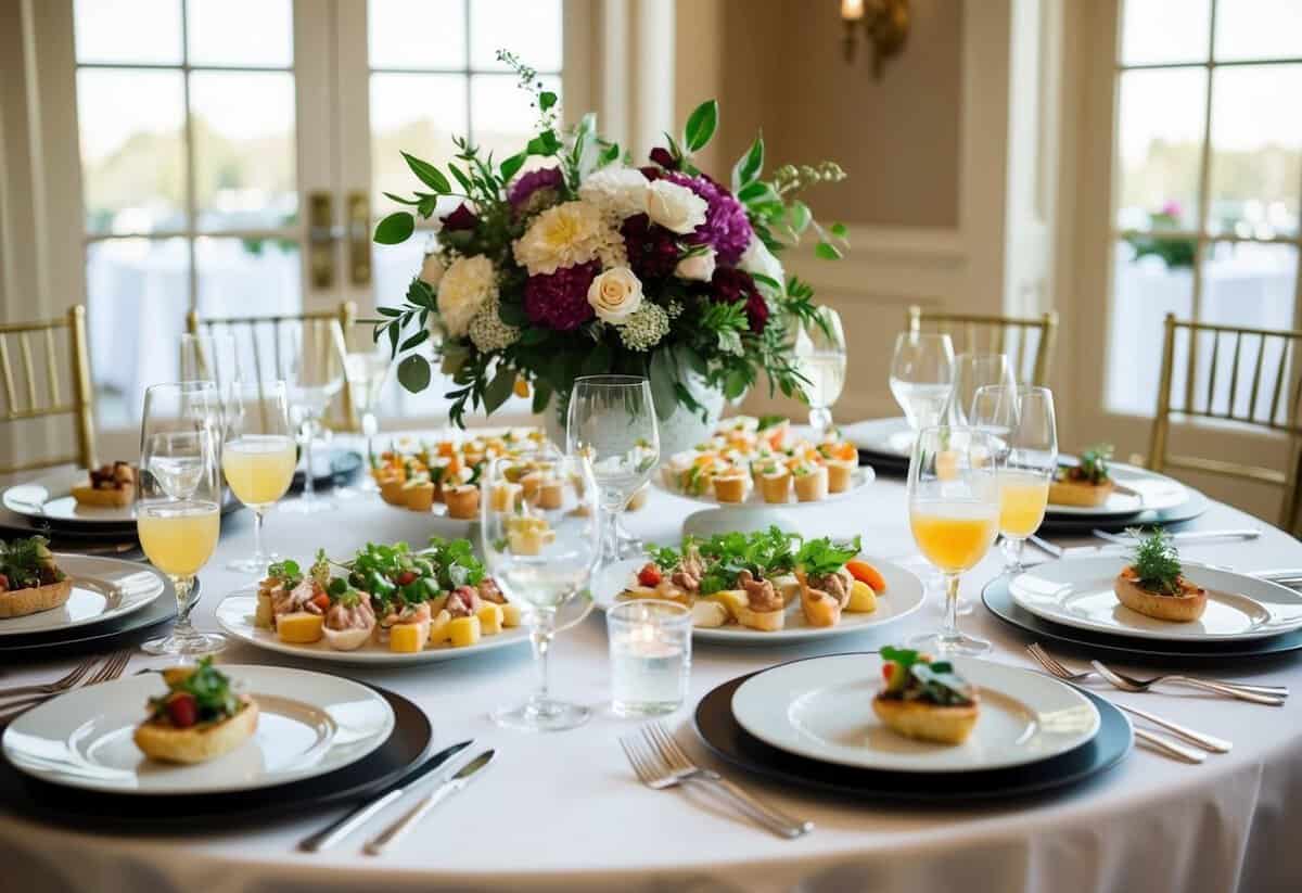 A table set with elegant plates, glasses, and floral centerpieces. A spread of appetizers and drinks displayed on the table