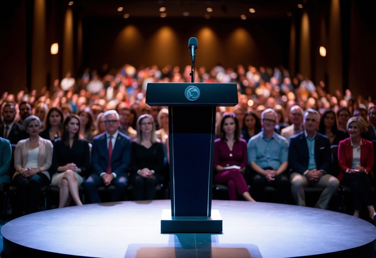 A podium with a microphone stands empty on a stage, surrounded by a dimly lit room filled with an expectant audience