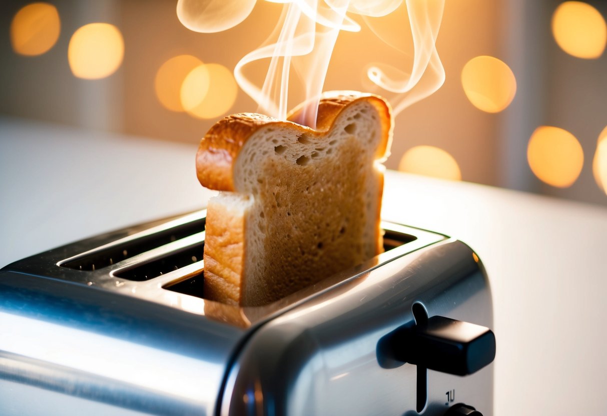 A slice of bread popping out of a toaster, golden brown and steaming