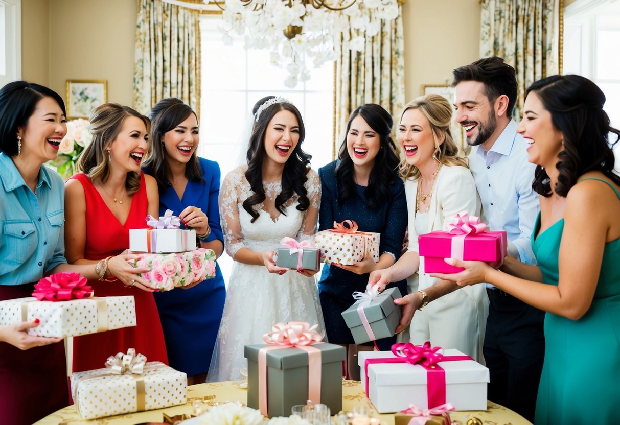 A group of friends gather in a beautifully decorated room, presenting gifts to the bride-to-be at her bridal shower. Laughter and joy fill the air as the bride opens each thoughtful present