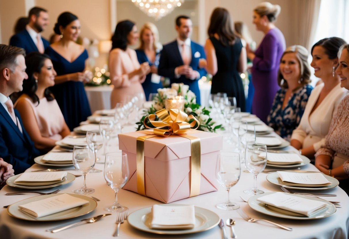 A table set with elegant place settings and a beautifully wrapped gift sits in the center, surrounded by guests mingling and chatting at a bridal shower