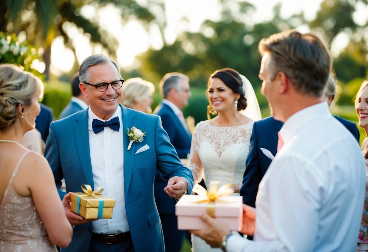 The father of the bride attends the bridal shower, bringing a gift and mingling with guests