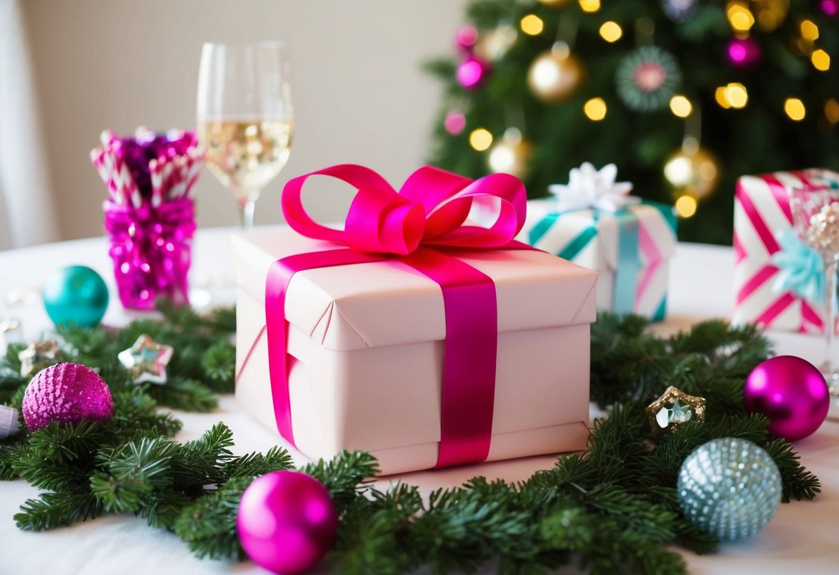 A beautifully wrapped gift sits on a table surrounded by festive decorations at a bridal shower