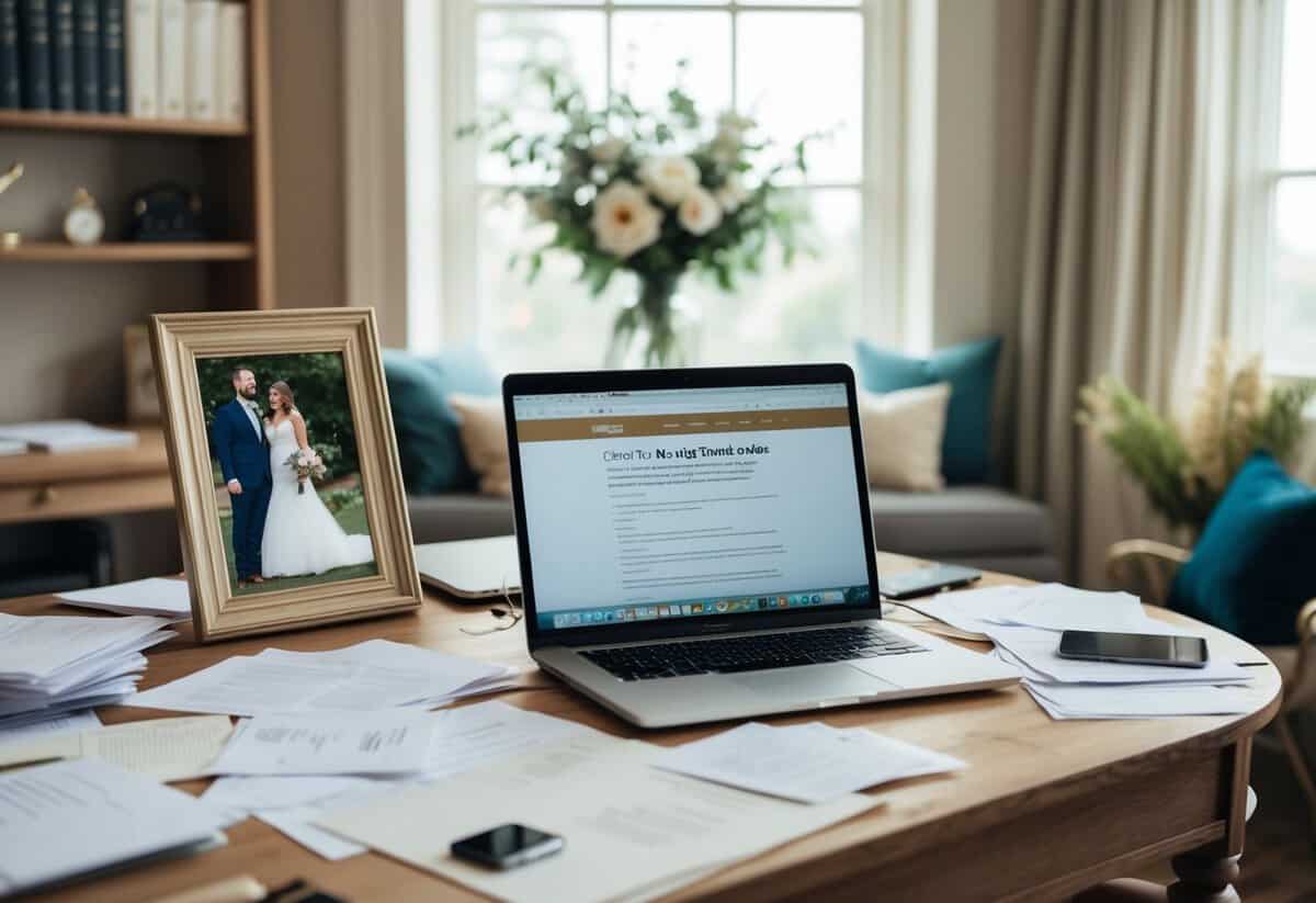 A cozy study with a desk scattered with papers, a laptop open to a speechwriting website, and a framed photo of the bride and groom