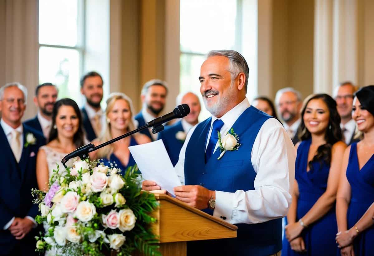 A father stands at a podium, surrounded by flowers and smiling faces. He holds a piece of paper, preparing to give a speech at his daughter's wedding