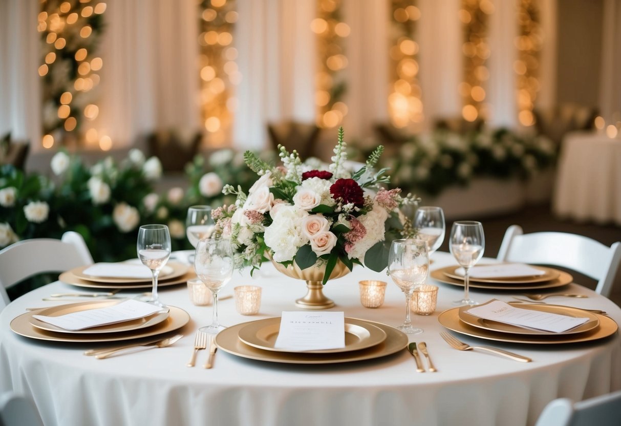 A table set for a bridal shower with elegant place settings and floral centerpieces