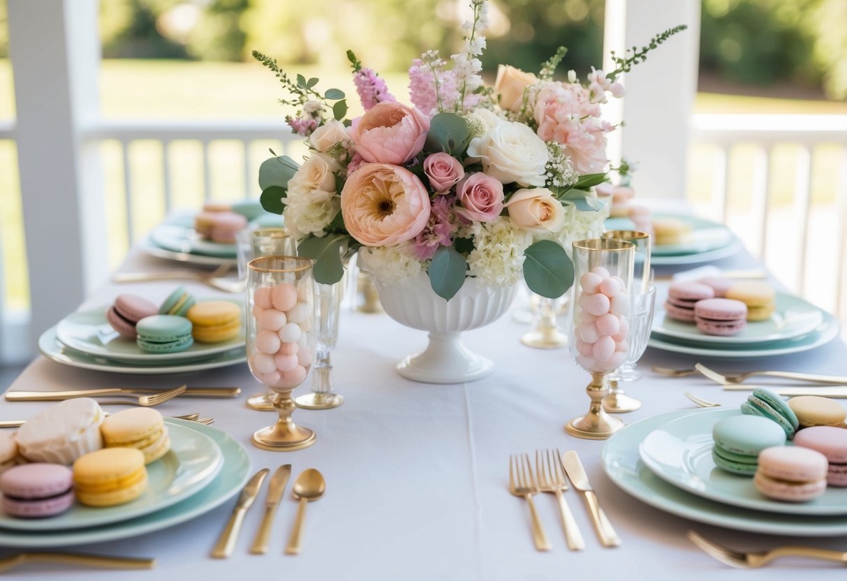 A table set with an array of delicate finger foods, pastel-colored macarons, and elegant floral arrangements for a bridal shower