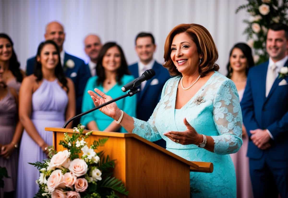 A woman stands at a podium, surrounded by flowers and smiling faces. She gestures with warmth and confidence, delivering a heartfelt speech at her daughter's wedding