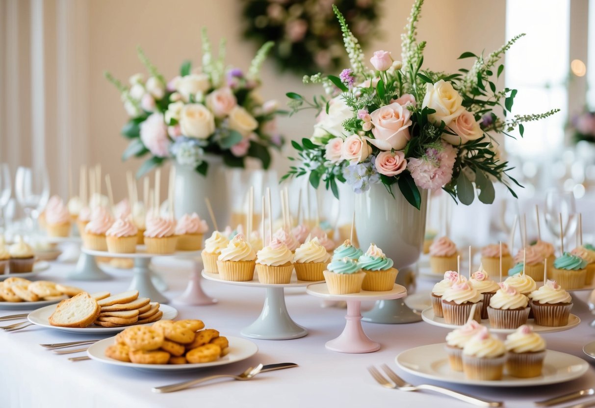 A table adorned with an array of dainty finger foods, pastel-colored cupcakes, and elegant floral centerpieces for a bridal shower menu