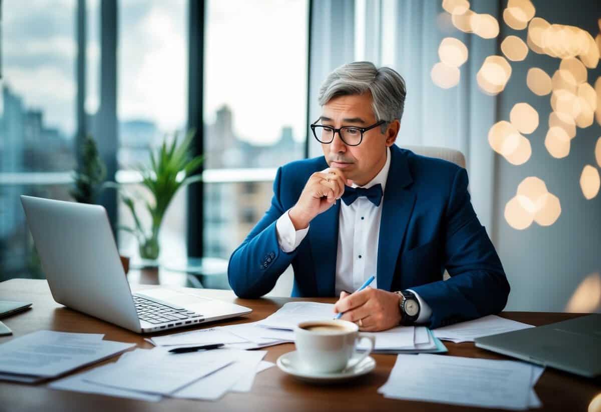 A person at a desk surrounded by papers, a laptop, and a cup of coffee, deep in thought while writing a speech for their daughter's wedding
