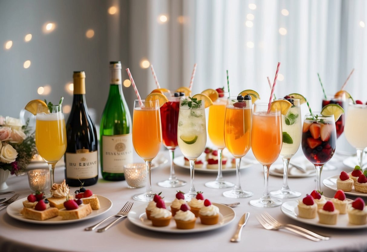 A table set with an assortment of elegant beverages and specialty drinks, accompanied by delicate finger foods and desserts, ready for a bridal shower celebration