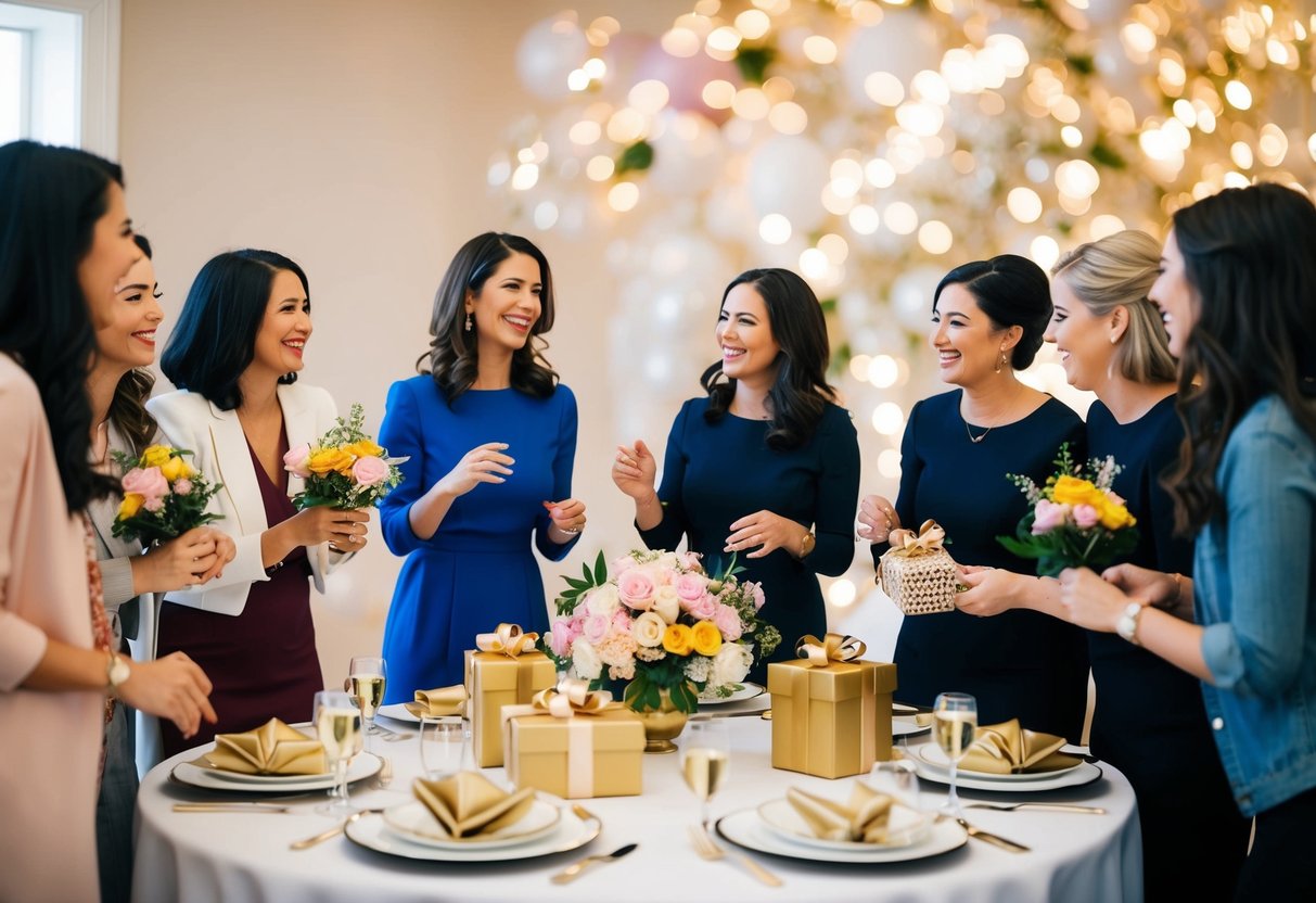 A group of women gather around a table adorned with flowers and gifts, chatting and laughing in celebration