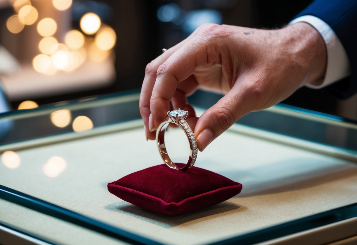 A hand placing a wedding band on a velvet cushion in a jewelry store display