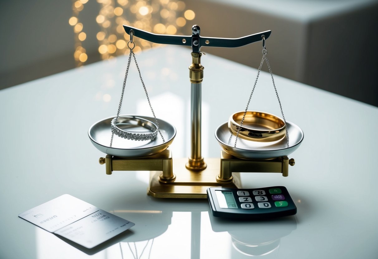 A jeweler's scale weighing wedding bands on a clean white surface, with a price tag and payment card nearby