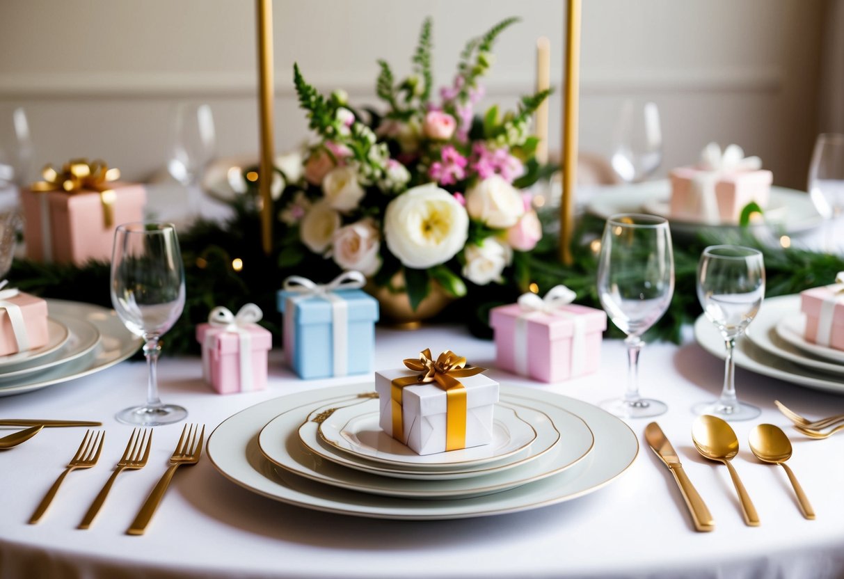 A table set with elegant place settings, floral centerpieces, and a variety of gifts wrapped in delicate paper