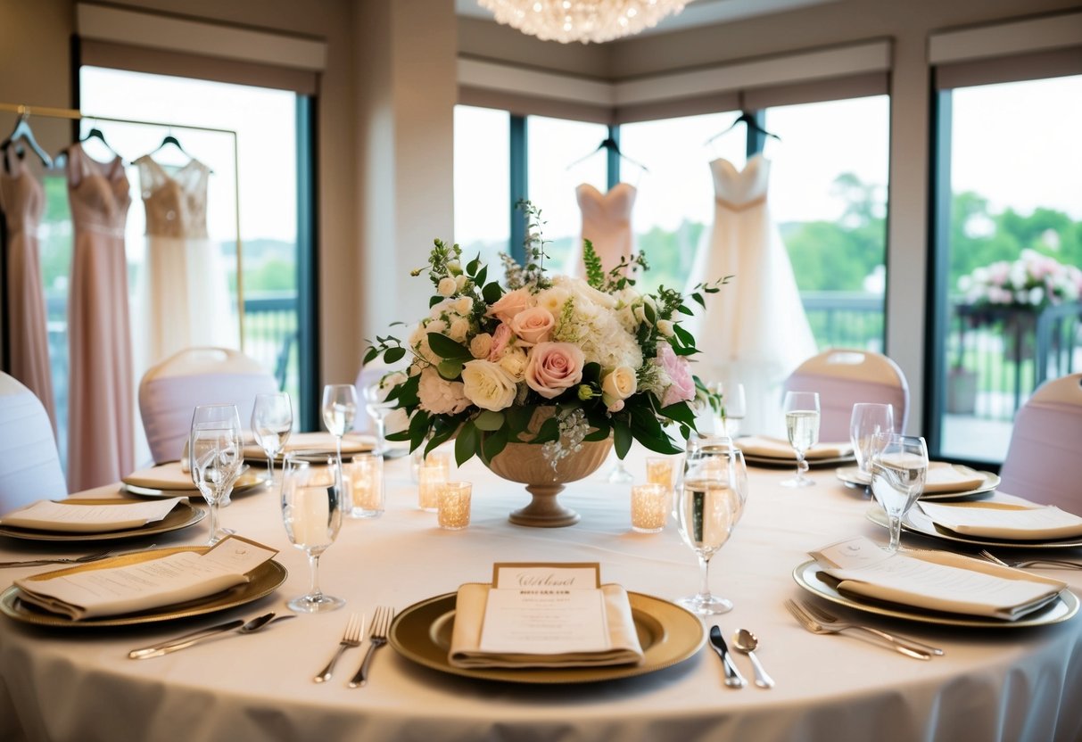 A table set with elegant place settings, floral centerpieces, and a display of bridal shower attire options